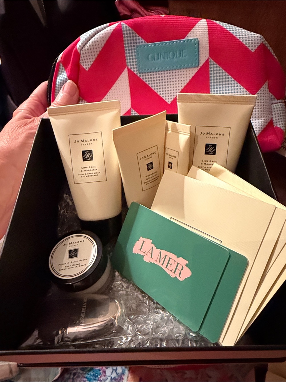 9 “Jo Malone” Medium Size Samples $50 La Mer Gift Card Clinque makeup bag